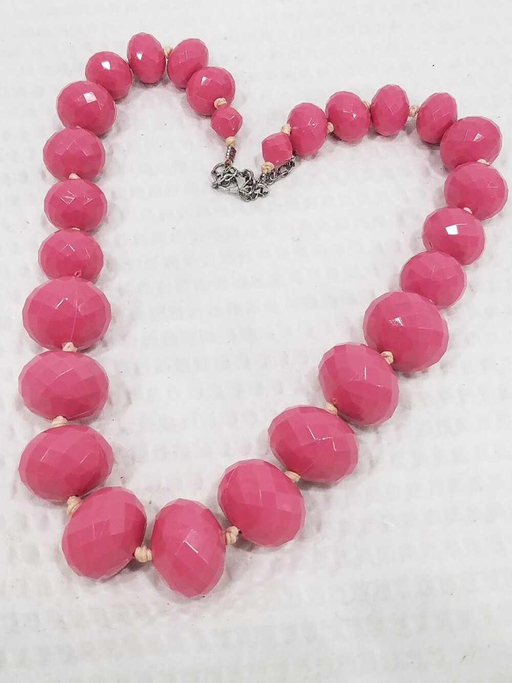 Vintage Circa 1980s Hand-Knotted Chunky Hot Pink Faceted Acrylic Bead Necklace